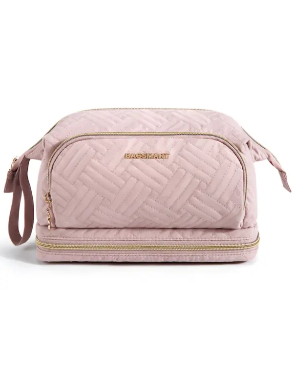 Trousse toilette double compartiment remplie produits beauté maquillage pinceaux organisés