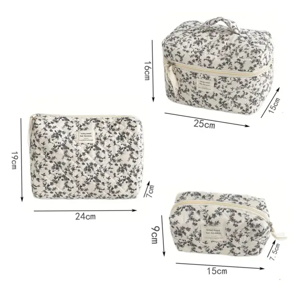 Trousse de toilette matelassée fleurie présentée pour montrer ses proportions équilibrées et son format voyage