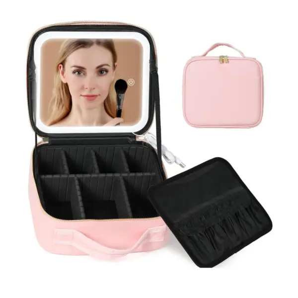 Vanity de maquillage rigide en ABS noir avec revêtement cuir PU et poignée de transport pour déplacement