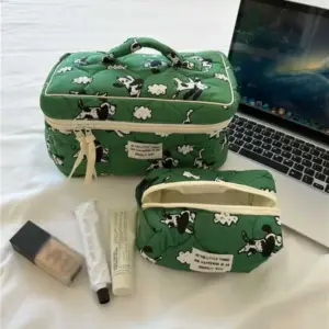 Trousse de toilette en coton beige avec motifs chien et mouton, fermeture éclair métallique