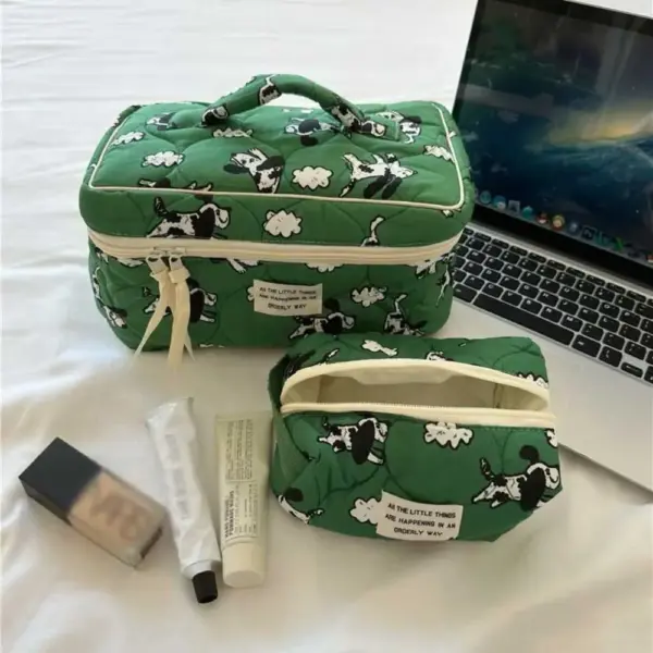 Trousse de toilette en coton beige avec motifs chien et mouton, fermeture éclair métallique