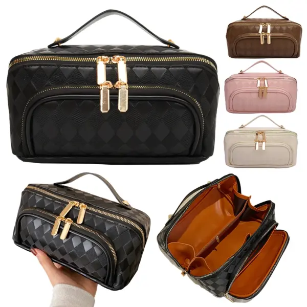 Trousse de toilette élégante en simili cuir avec motif matelassé diamant et fermeture éclair métallique