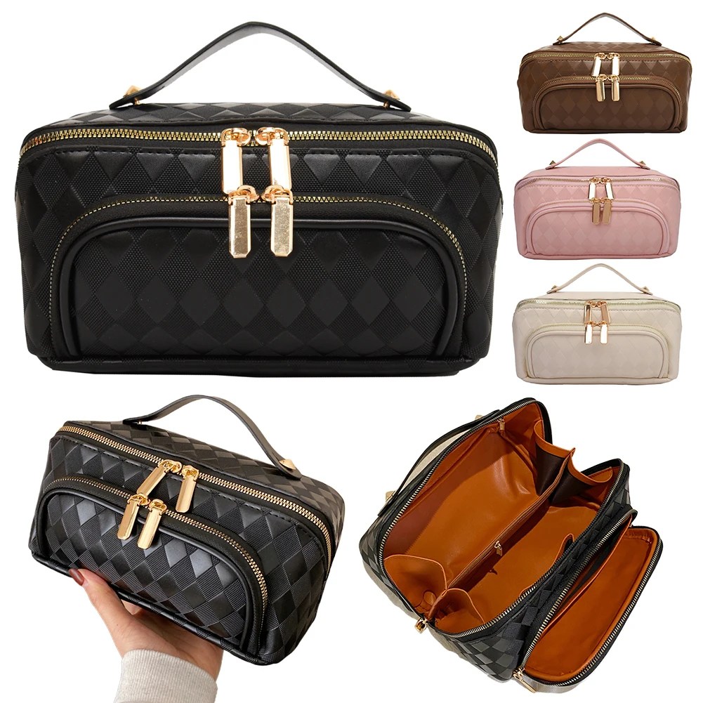 Trousse de toilette élégante en simili cuir avec motif matelassé diamant et fermeture éclair métallique