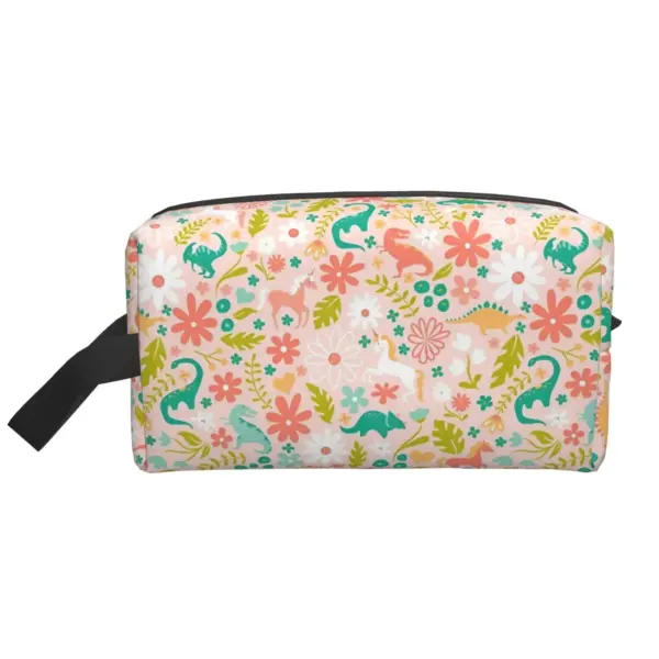 Trousse de toilette dinosaure vue de côté montrant l'épaisseur et les proportions