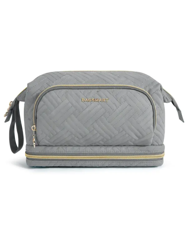 Gros plan fermeture éclair métal robuste et coutures double piqûre trousse toilette qualité