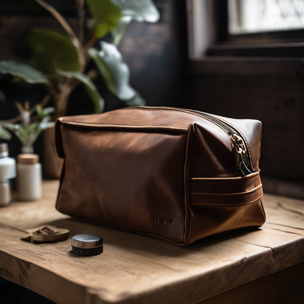 high-end toiletry bag, premium vegan leather, placed on a rustic wooden vanity, natural soft sunlight, 8k uhd, raw photo, dslr, film grain, high quali