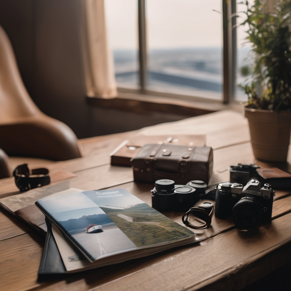 airplane departure time guide, sleek brochure cover, on a wooden table with travel essentials, natural daylight, high resolution, raw photo, 8k uhd, d