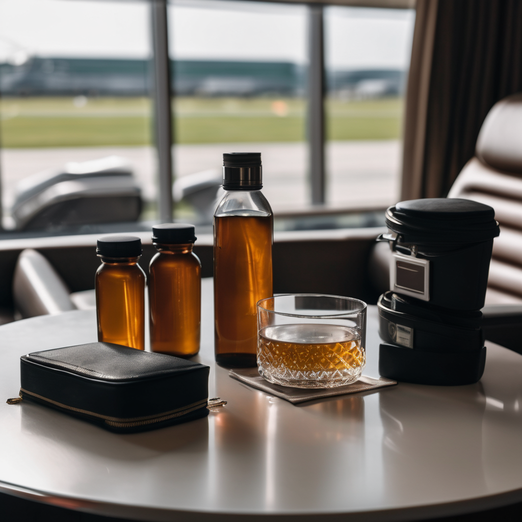 airplane cabin liquids regulations 2026, sleek travel containers, arranged on a clean airport lounge table, natural daylight, raw photo, 8k uhd, dslr,