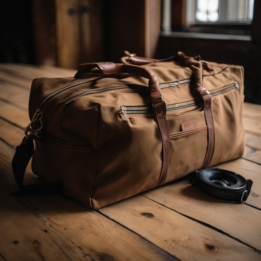 Ryainair cabin bag, durable nylon fabric, placed on a wooden table, natural daylight, soft shadows, hyperrealistic texture, product photography, 35mm