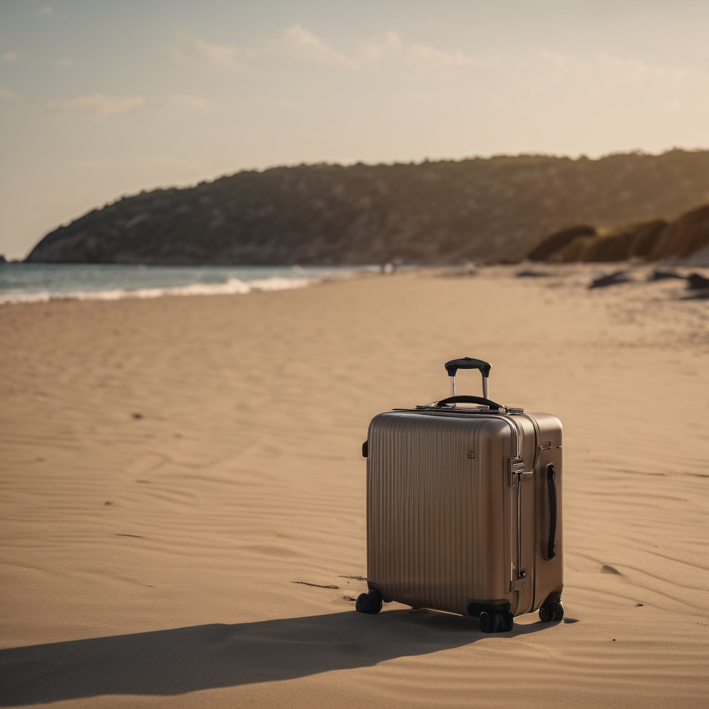 lightweight cabin suitcase, durable polycarbonate, placed on sandy beach, soft afternoon sunlight, raw photo, 8k uhd, dslr, high quality, film grain,