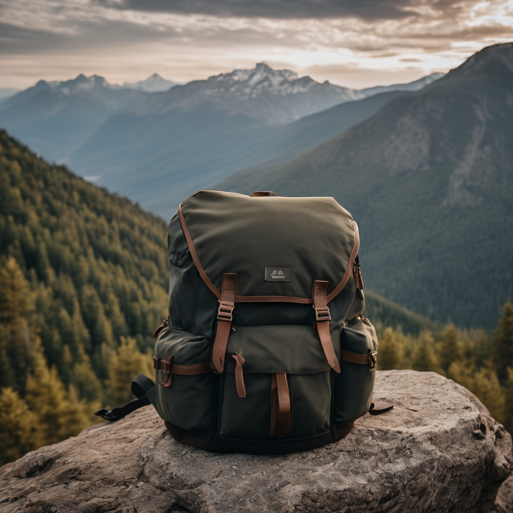 travel backpack, durable nylon fabric, against a scenic mountain backdrop, natural soft lighting, high quality, raw photo, 8k uhd, dslr, film grain, F