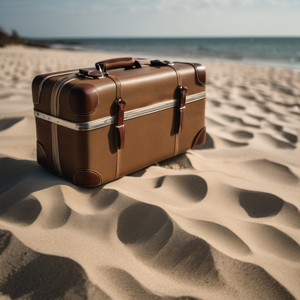 lightweight travel suitcase, durable nylon fabric, placed on a sandy beach, natural sunlight, high quality, raw photo, 8k uhd, dslr, soft lighting, fi