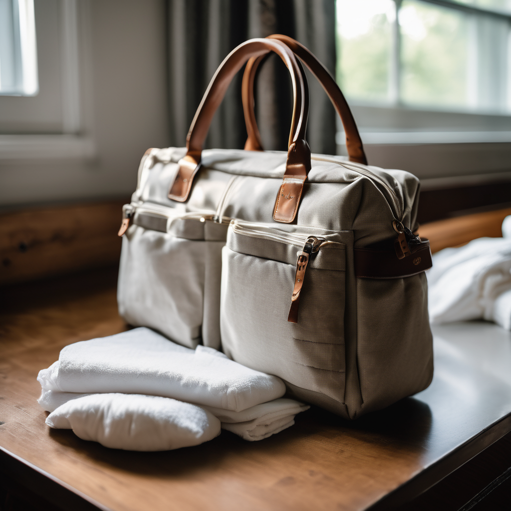high-end diaper bag, durable water-resistant fabric, placed on a wooden changing table, soft natural light, raw photo, 8k uhd, dslr, soft lighting, hi