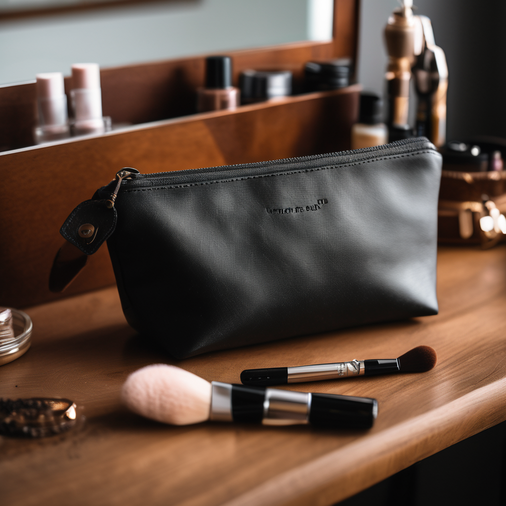 makeup pouch, smooth vegan leather, displayed on a wooden vanity table, natural daylight, high quality, raw photo, 8k uhd, dslr, soft lighting, film g