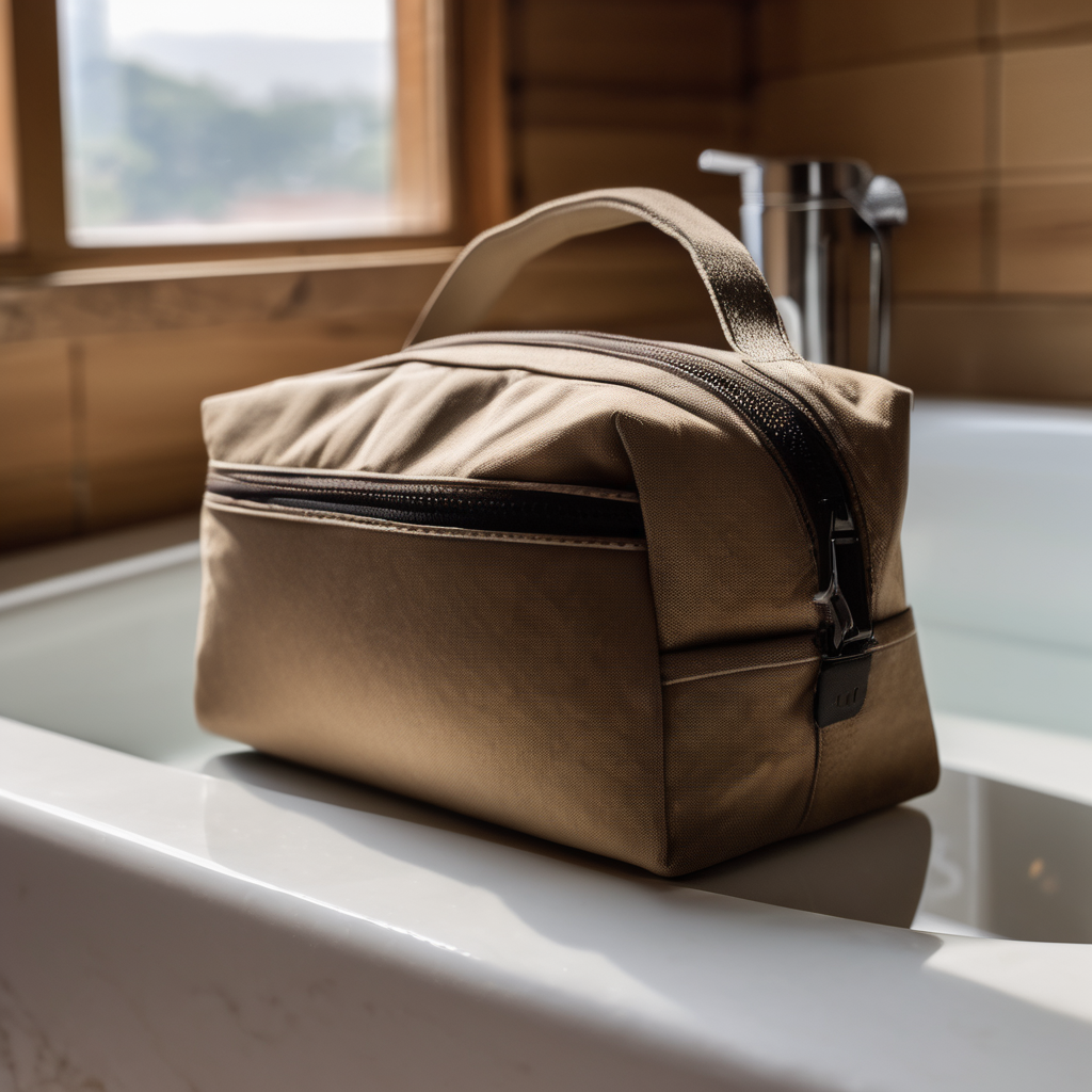 high-end toiletry bag, durable water-resistant fabric, placed on wooden bathroom shelf, natural soft lighting, high quality, raw photo, 8k uhd, dslr,