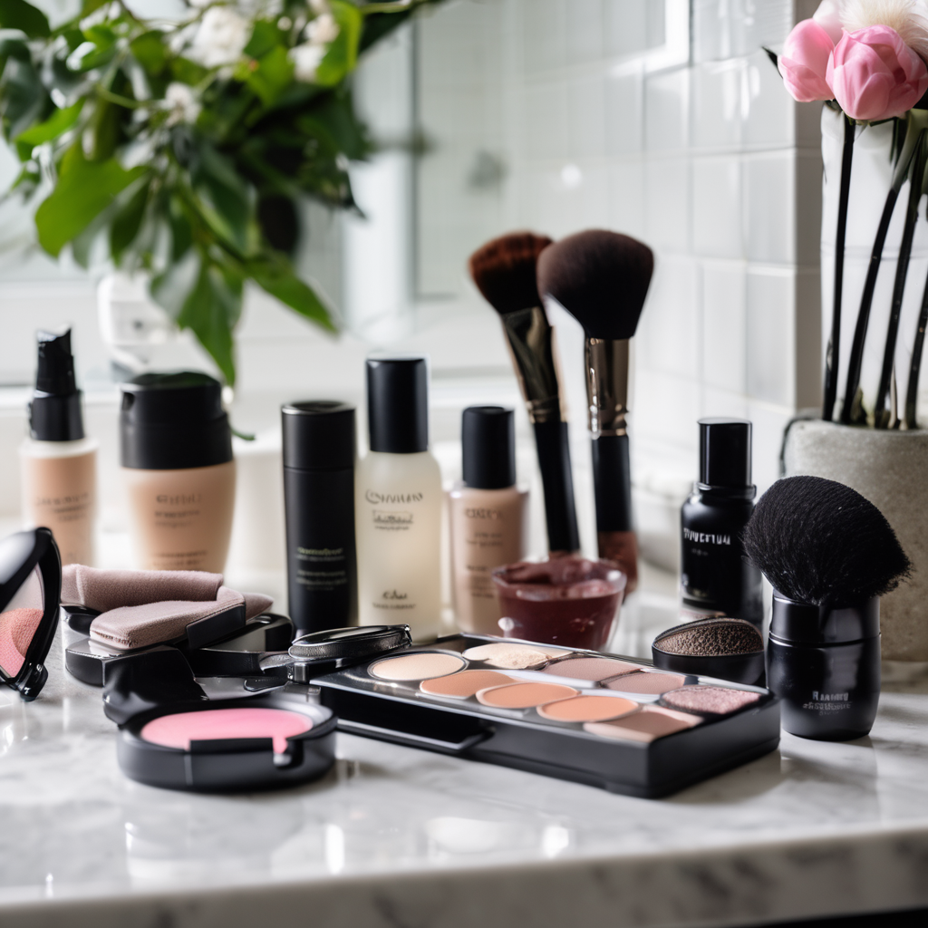 makeup bag cleaning process, various makeup products, bright and airy bathroom setting, soft natural light, high resolution, raw photo, 8k uhd, dslr,