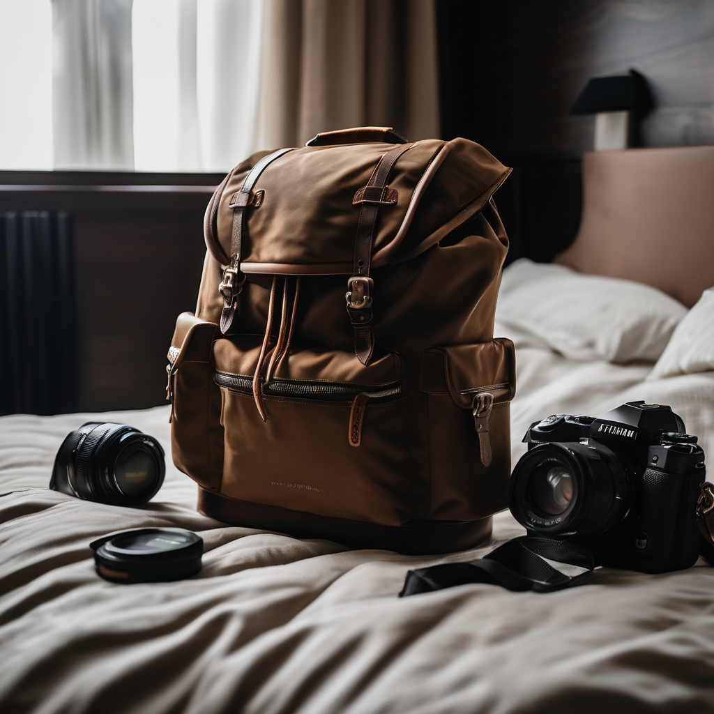travel backpack organization, premium nylon and leather, spacious hotel room with sunlight, natural soft lighting, raw photo, 8k uhd, dslr, high quali