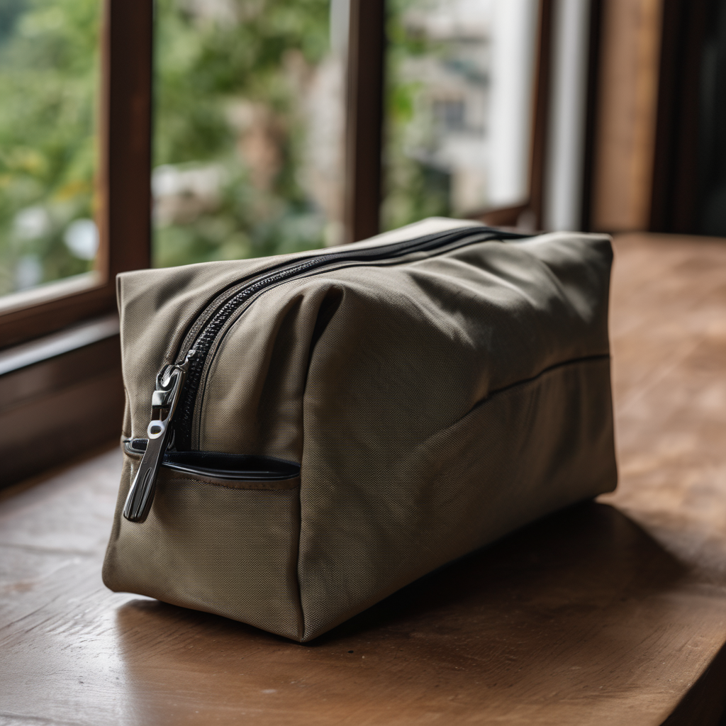 premium travel toiletry bag, durable water-resistant fabric, placed on a stylish wooden table, natural daylight from a nearby window, raw photo, 8k uh