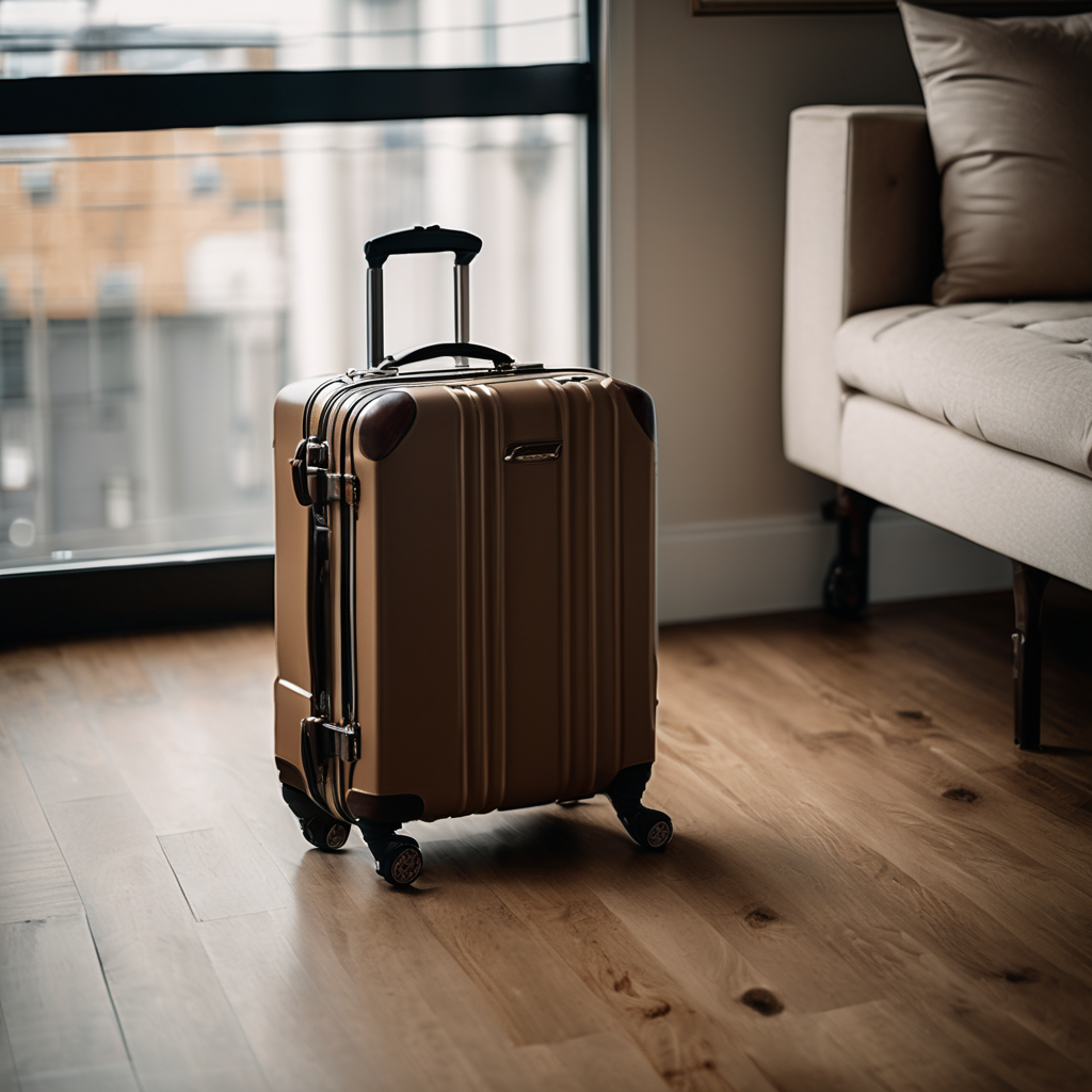 high-end cabin luggage, durable lightweight nylon, placed on a polished wooden floor, natural soft daylight, raw photo, 8k uhd, dslr, film grain, high