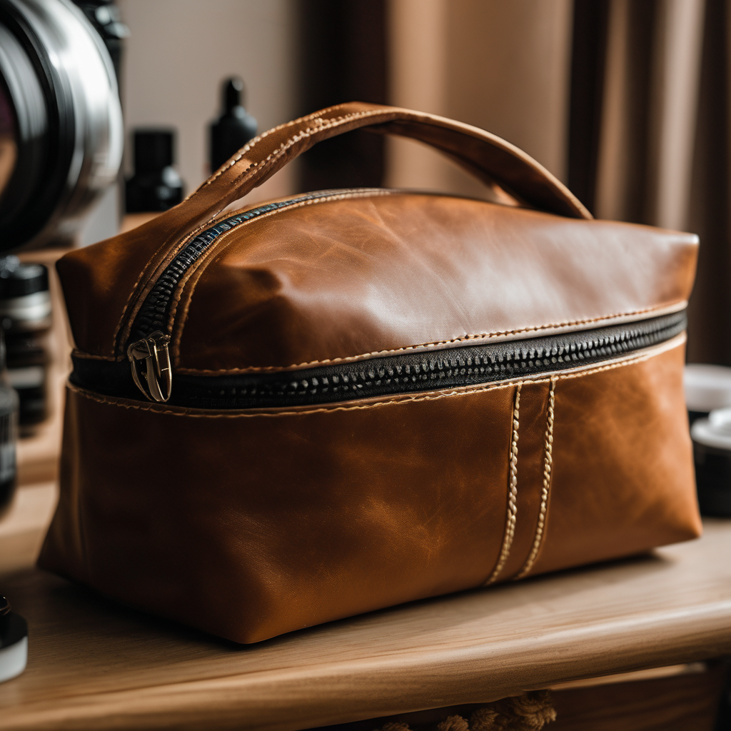 premium travel makeup bag, synthetic leather with intricate stitching, placed on a wooden vanity table, natural soft light, raw photo, 8k uhd, dslr, h