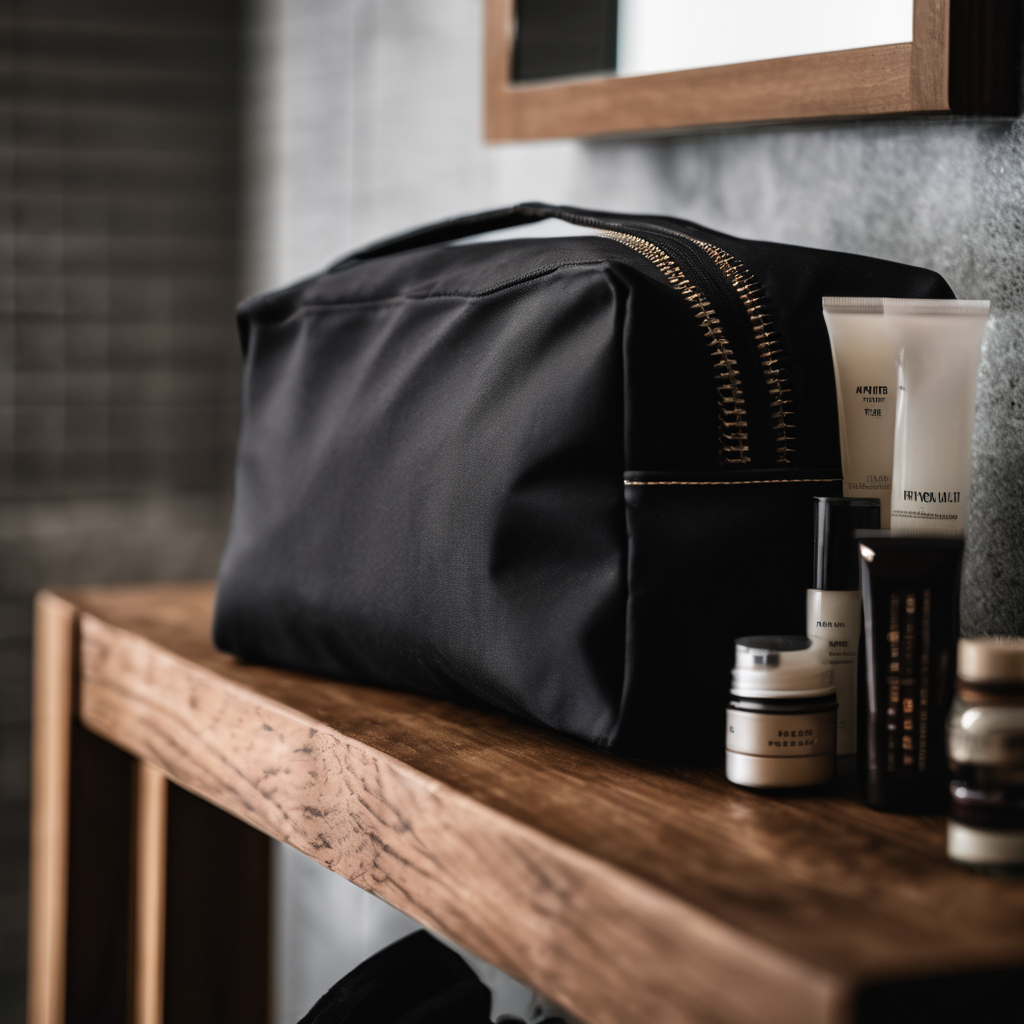 best men's toiletry bag, premium synthetic fabric, displayed on dark wood bathroom shelf, soft natural light, 8k uhd, raw photo, dslr, high quality, f