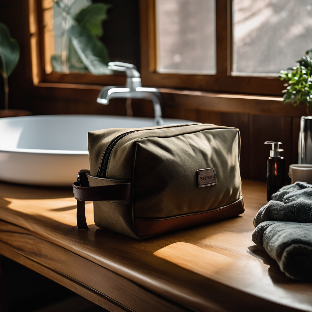 premium toiletry bag, durable water-resistant fabric, displayed on a wooden vanity, natural sunlight filtering through, raw photo, 8k uhd, dslr, soft
