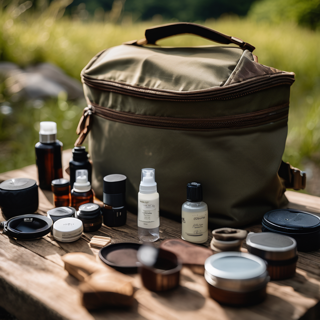 high-end camping toiletry kit, durable waterproof material, placed on a wooden camping table in nature, soft afternoon sunlight, 8k uhd, raw photo, ds