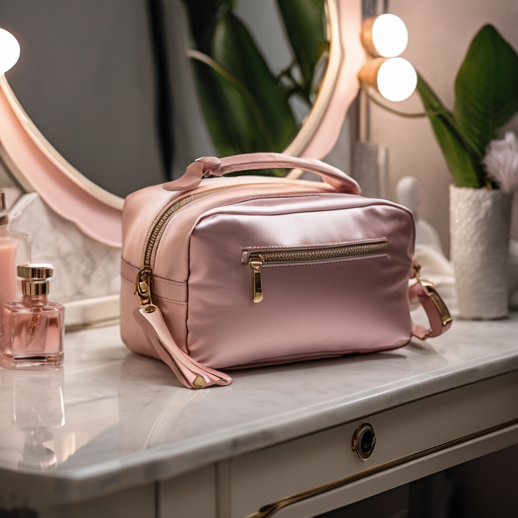 luxury toiletry bag for women, soft pink satin fabric, placed on a chic vanity table, natural daylight, raw photo, 8k uhd, dslr, soft lighting, high q