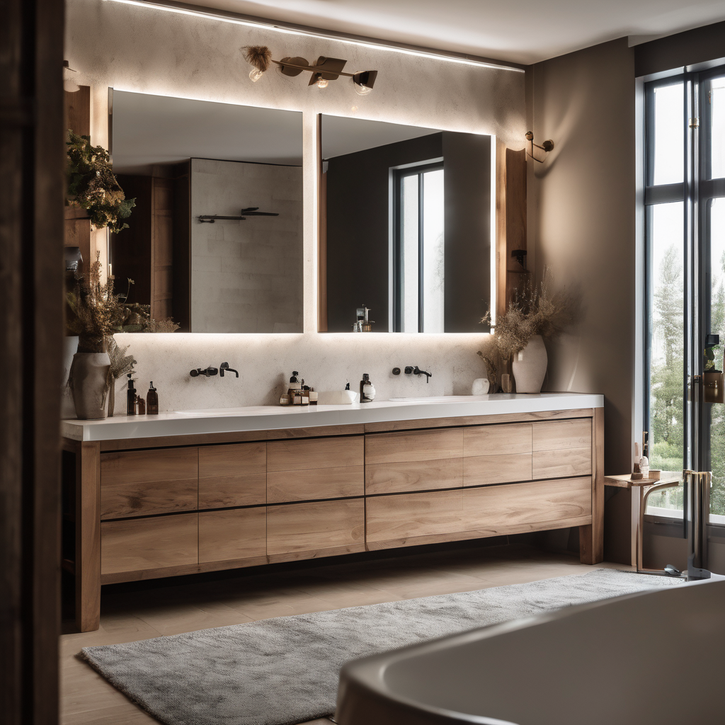 grand vanity familial, élégant design en bois massif, placé sur un comptoir de salle de bain lumineux, lumière naturelle douce, raw photo, 8k uhd, dsl