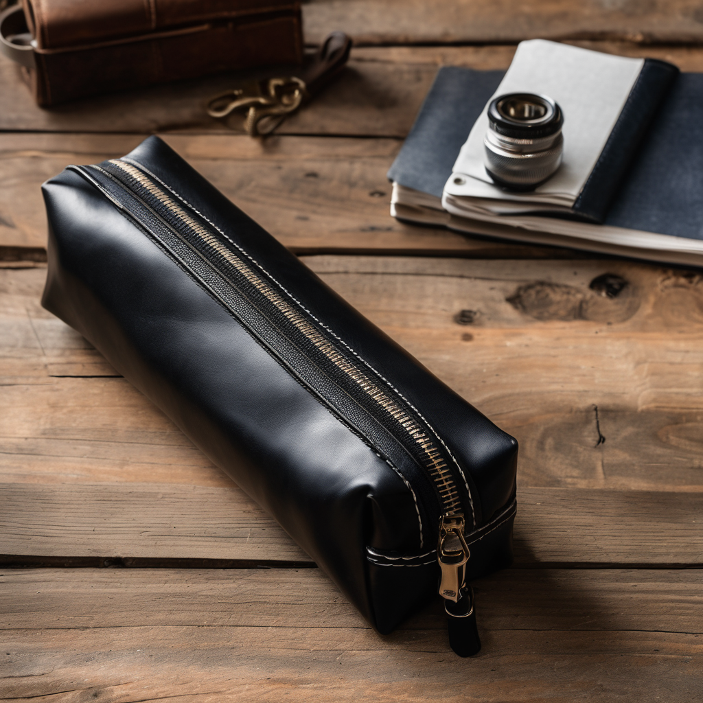 leather pencil case, smooth black leather, placed on a rustic wooden desk, natural daylight, high quality, raw photo, 8k uhd, dslr, soft lighting, fil