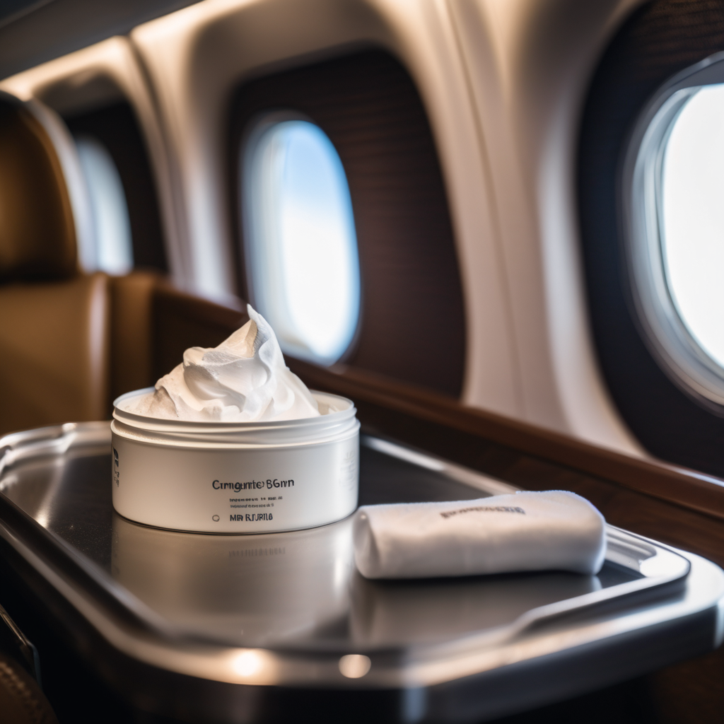 shaving foam can in airplane, sleek metal finish, placed on airplane tray table, natural cabin light, raw photo, 8k uhd, dslr, soft lighting, high qua