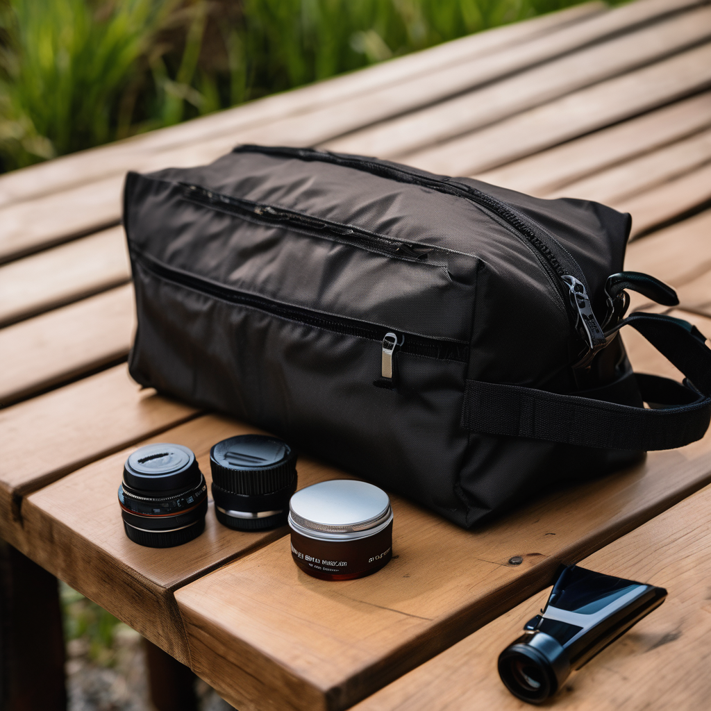 travel toiletry bag, waterproof nylon, placed on a wooden table outdoors, natural soft sunlight, 8k uhd, raw photo, dslr, high quality, film grain, Fu