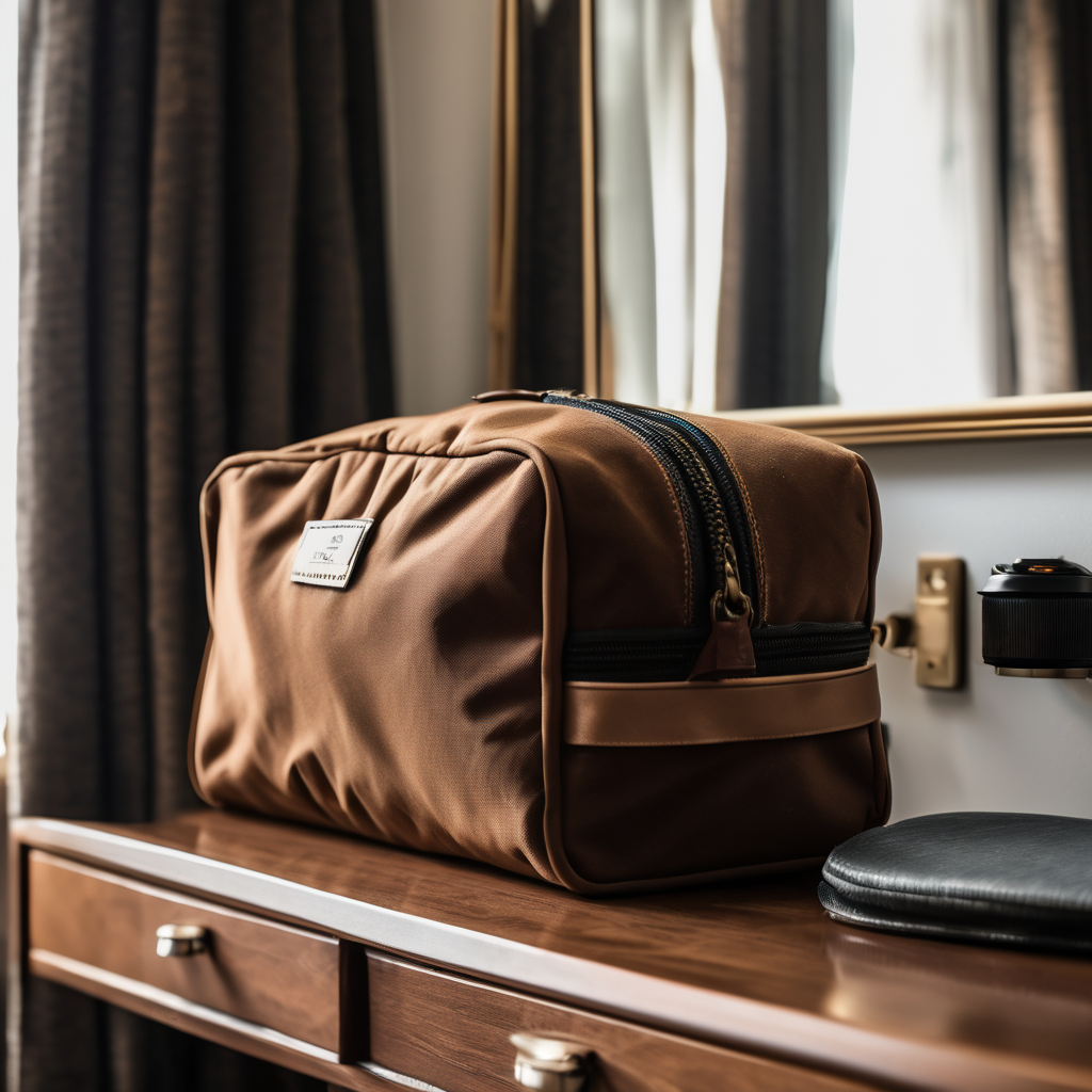 travel toiletry bag, premium water-resistant fabric, on a wooden hotel dresser, natural daylight, high quality, raw photo, 8k uhd, dslr, soft lighting