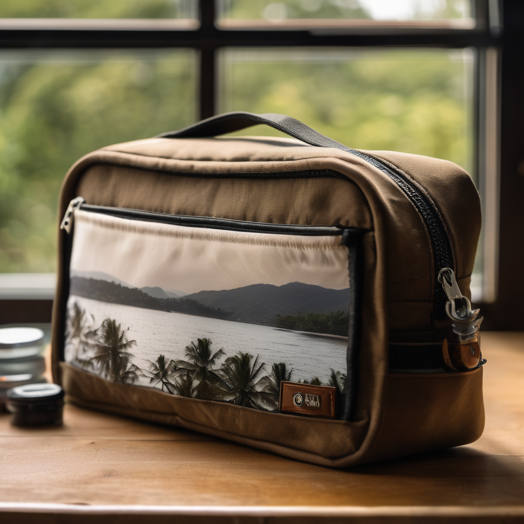 travel toiletry bag, durable water-resistant fabric, placed on a natural wooden table, bright daylight filtering through window, soft lighting, high q