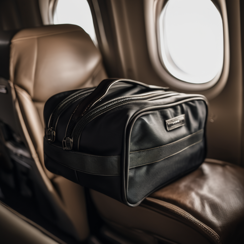 luxury toiletry bag, durable nylon, placed on airplane seat, natural overhead light, raw photo, 8k uhd, dslr, soft lighting, high quality, film grain,