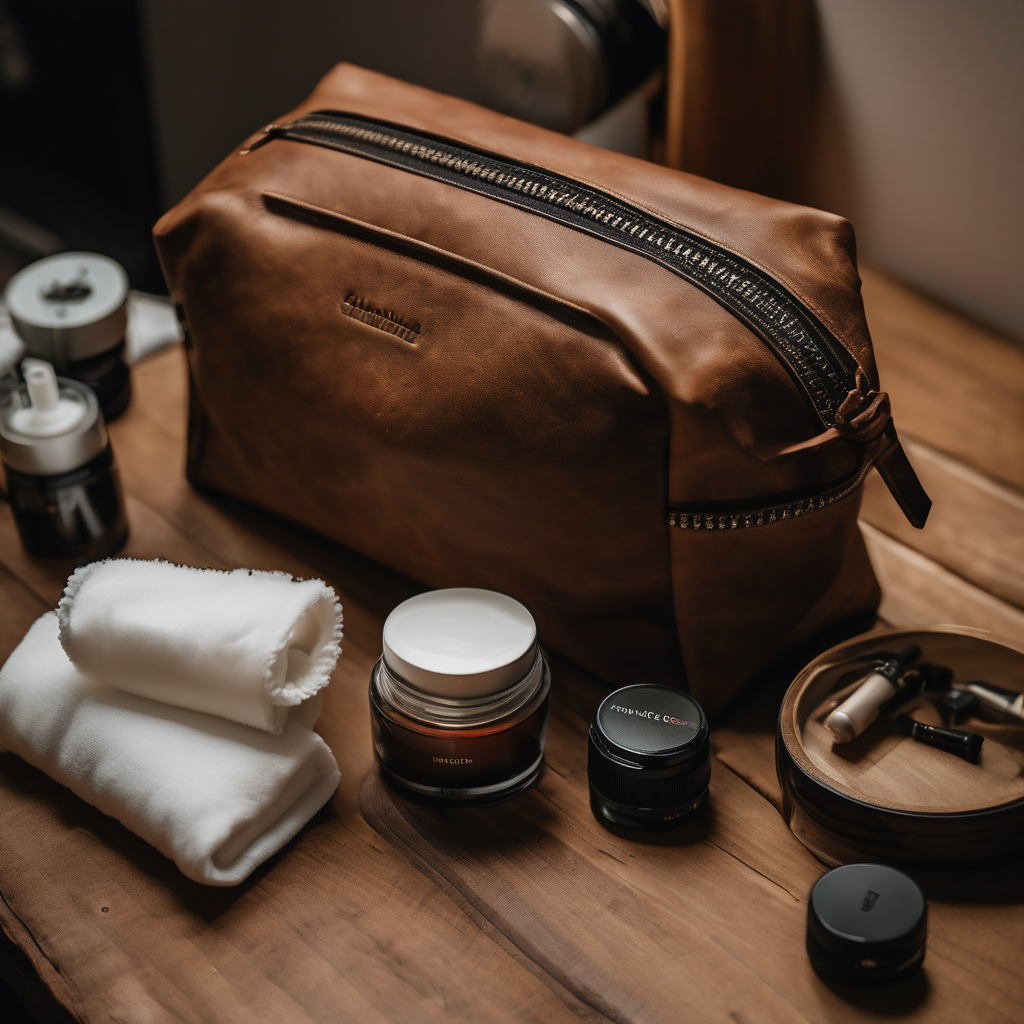 high-end toiletry bag, leather canvas nylon, placed on a stylish wooden vanity, natural soft light, 8k uhd, raw photo, dslr, film grain, Fujifilm XT3