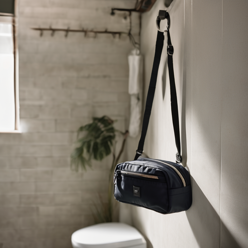hanging toiletry bag, durable nylon fabric, hanging in a stylish bathroom, natural soft light, raw photo, 8k uhd, dslr, soft lighting, high quality, f