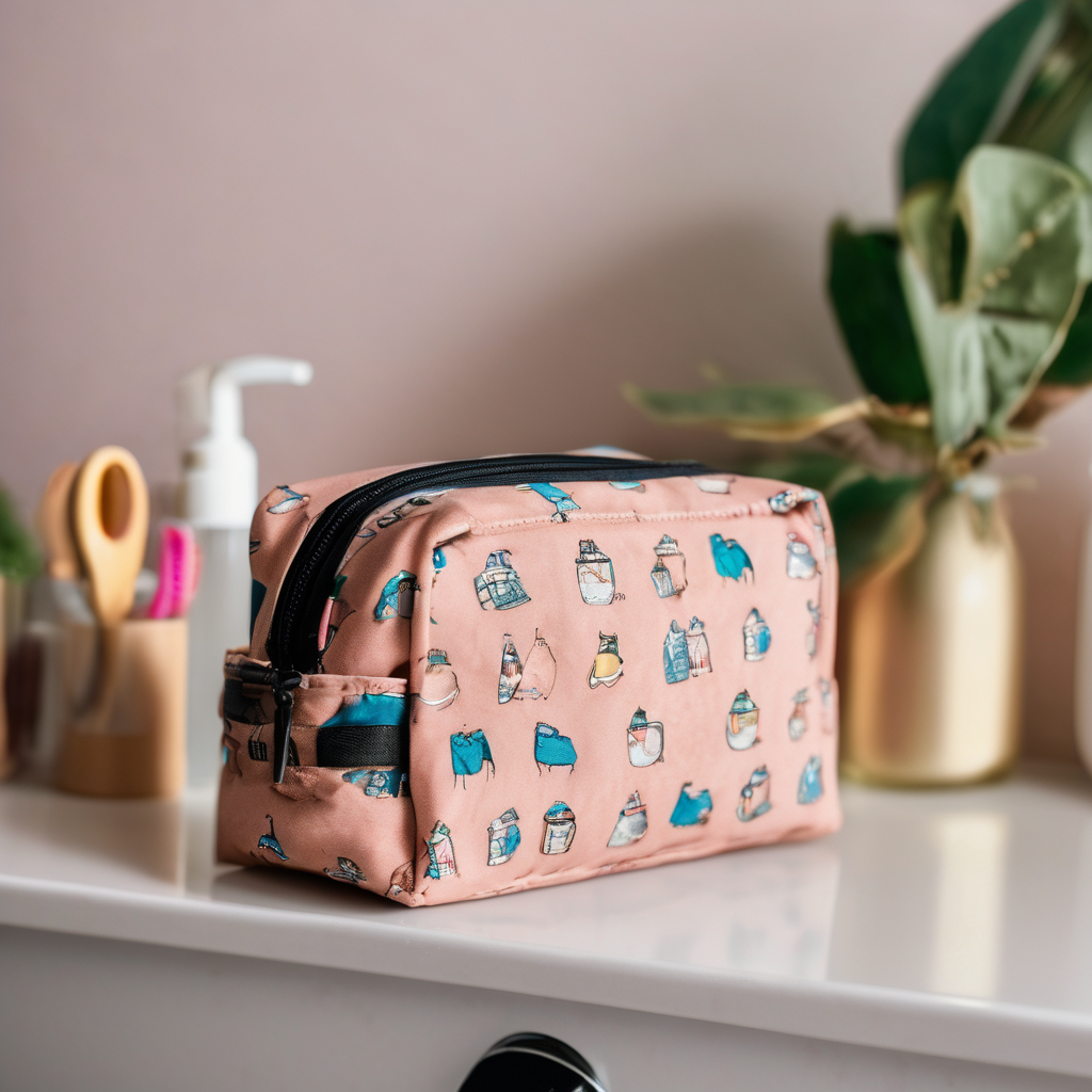 children's toiletry bag, durable waterproof material, placed on colorful bathroom shelf, natural daylight, raw photo, 8k uhd, dslr, soft lighting, hig