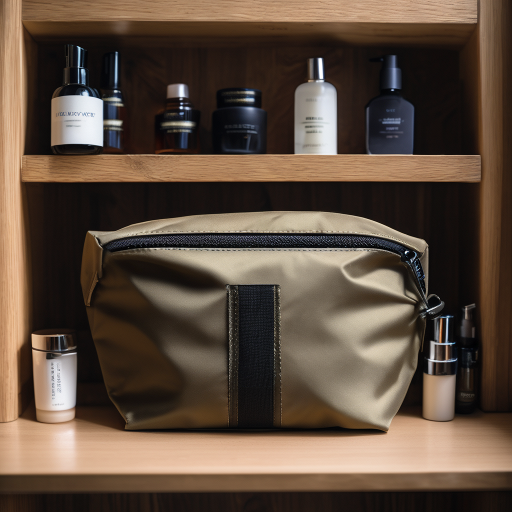 high-end toiletry bag, durable nylon fabric, placed on a wooden bathroom shelf, natural daylight, soft shadows, raw photo, 8k uhd, dslr, high quality,