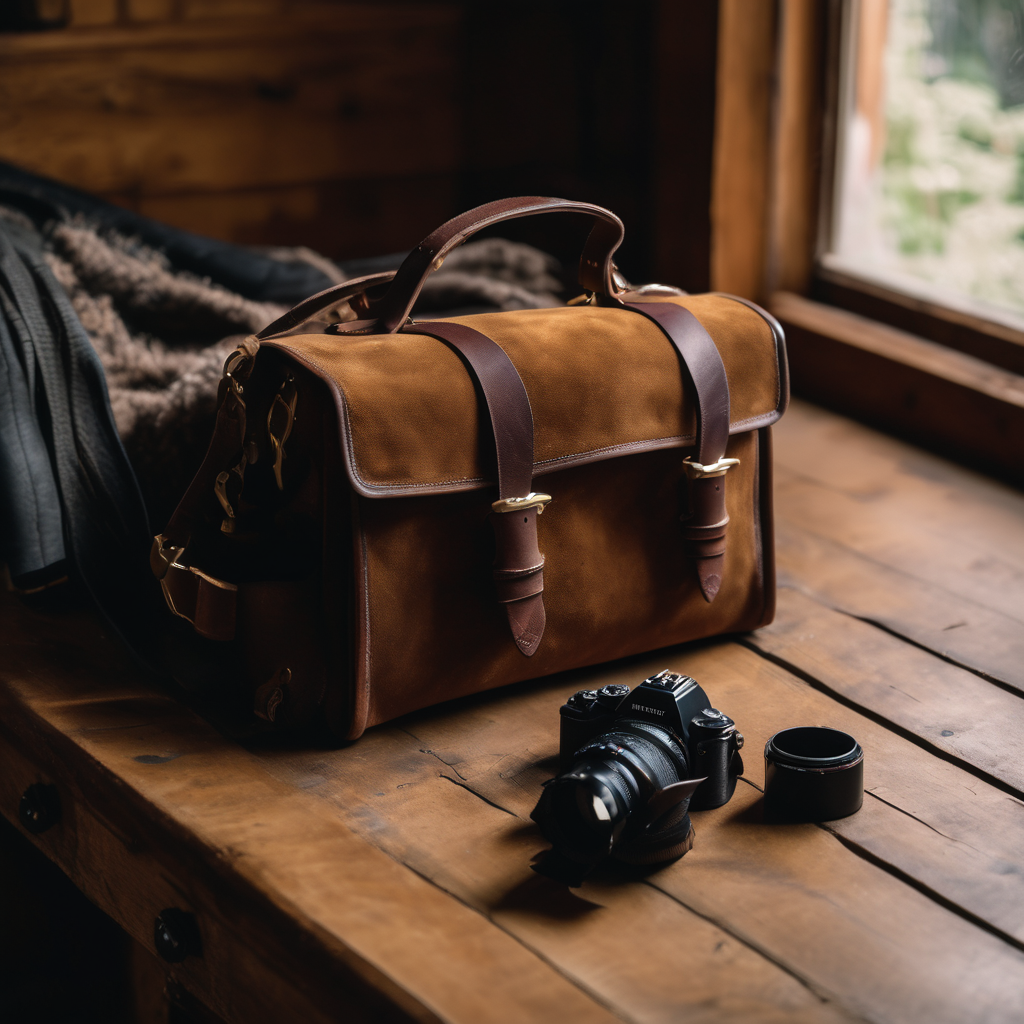 vanity bag, soft suede and leather, placed on a rustic wooden dresser, natural soft light, 8k uhd, raw photo, high quality, film grain, DSLR, Fujifilm
